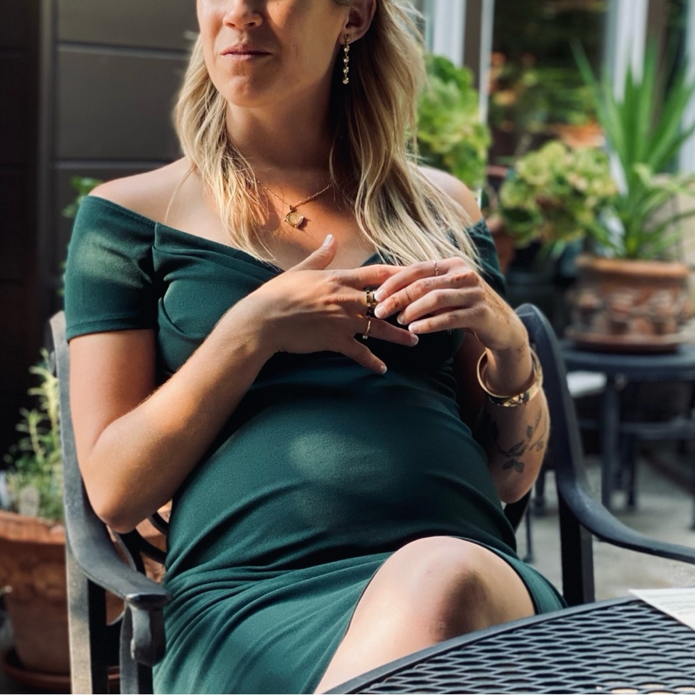 LIKE NEW SMALL PinkBlush Maternity Green Solid Off Shoulder Occasion Dress